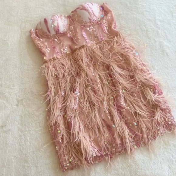 Pink Sequin Feather Corset Bustier Strapless Mini Dress - Picture 3 of 5